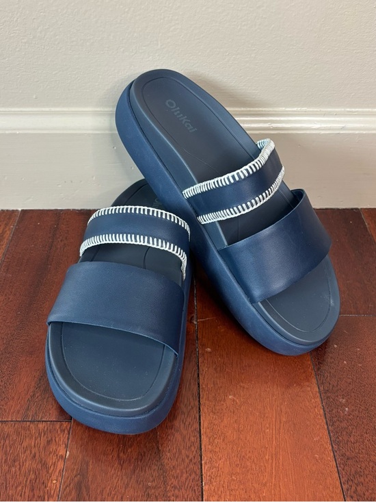OluKai Shoes - Olukai sz 8 Pae Leather Slides Platform Sandals Mood Indigo Blue